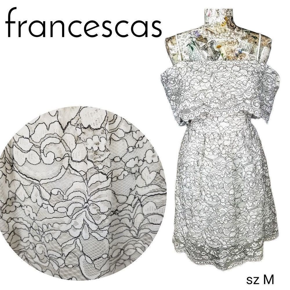 Off White & Black Lace Off Shoulder Spaghetti Strap Scalloped Hem Edges Dress